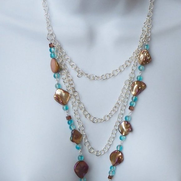 Handmade Shell Statement Necklace with Blue Glass Beads and Multi Strand Chains - Picture 7 of 15